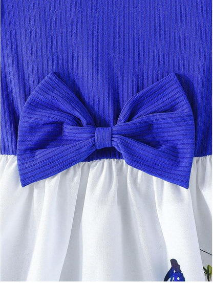 Navy Blue  Baby Girl Ruffled Sleeve Bow Tie Floral Print Casual Dress,