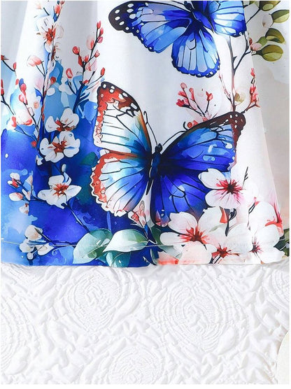 Navy Blue  Baby Girl Ruffled Sleeve Bow Tie Floral Print Casual Dress,