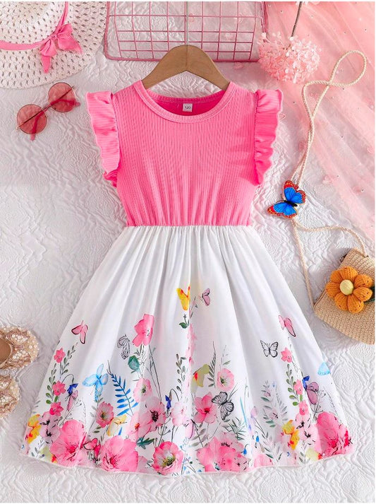 Pink Baby Girl Ruffled Sleeve  Floral Print Casual Dress,