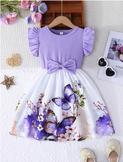 Lavender Baby Girl Ruffled Sleeve Bow Tie Floral Print Casual Dress,