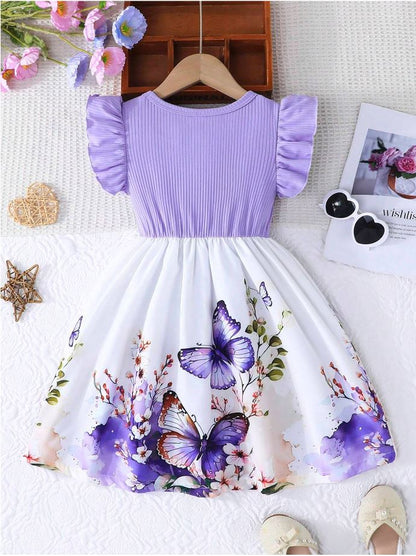 Lavender Baby Girl Ruffled Sleeve Bow Tie Floral Print Casual Dress,