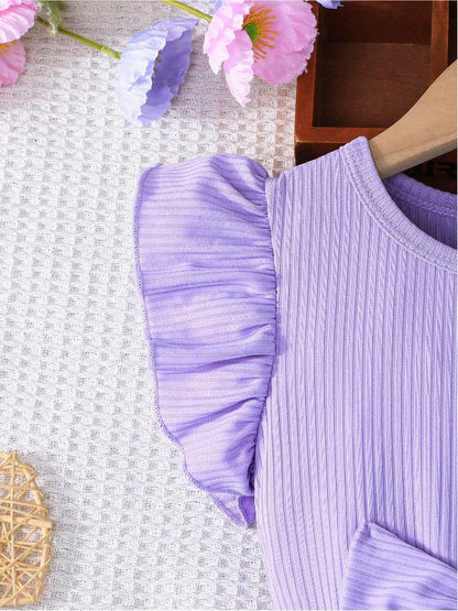 Lavender Baby Girl Ruffled Sleeve Bow Tie Floral Print Casual Dress,
