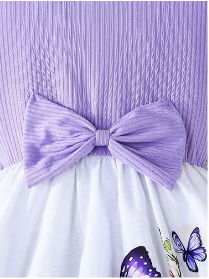 Lavender Baby Girl Ruffled Sleeve Bow Tie Floral Print Casual Dress,