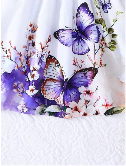 Lavender Baby Girl Ruffled Sleeve Bow Tie Floral Print Casual Dress,