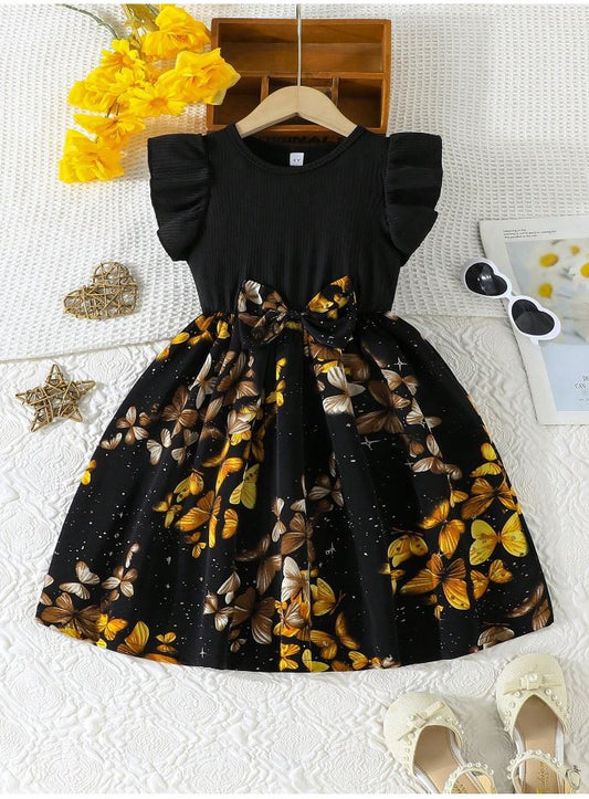 Black Baby Girl Ruffled Sleeve Bow Tie Floral Print Casual Dress,