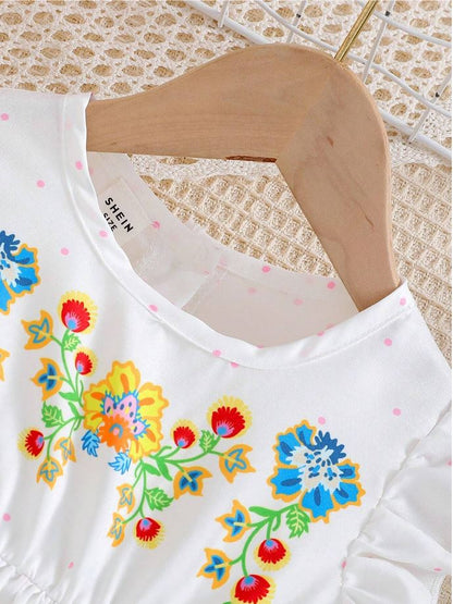 White  Baby Girl Ruffled Sleeve Bow Tie Floral Print Casual Dress,