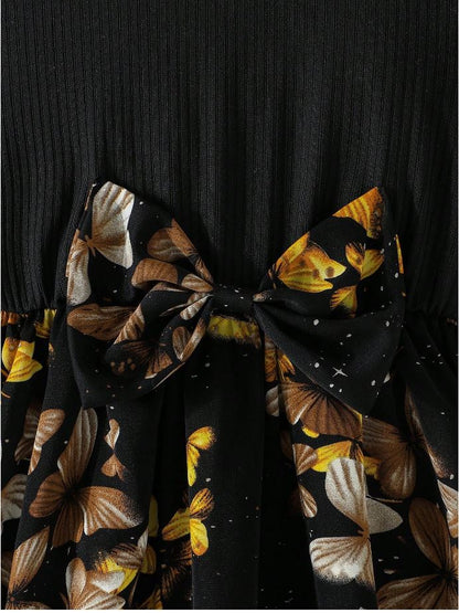 Black Baby Girl Ruffled Sleeve Bow Tie Floral Print Casual Dress,