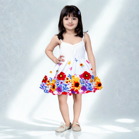 White Floral Printed New Trendy Kids Frock