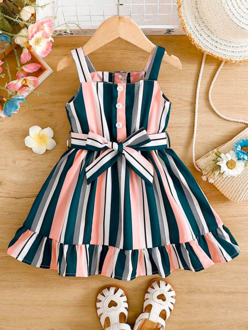 Pink and Black Baby Girl Strap Sleeve Bow Tie Strip Print Casual Dress
